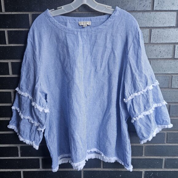 Cynthia Rowley Linen Blend Striped Blouse Boxy Fit Fringe 3/4 Sleeve Top Size 2x - Picture 14 of 14